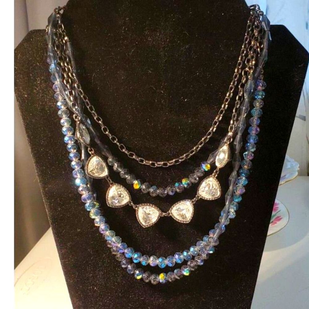 Silver Tone Blue Crystal Bead Multi Strand Layered Necklace Heart Charm Slip On